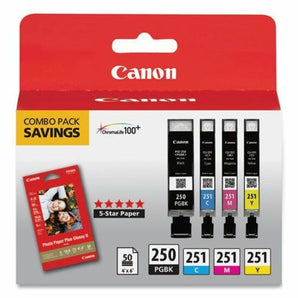 Canon PGI-250BK Original Black & CL-251 Inkjet Color Ink Cartridges Value Pack with 4" x 6" Glossy Paper 50-Pack