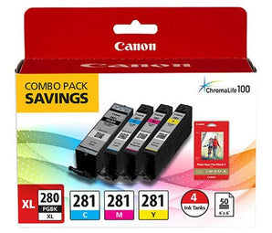 Canon PGI-280XL Original High Yield Black & CLI-281 Original Inkjet Color Ink Cartridges Value Pack with 4" x 6" Glossy Paper 50-Pack